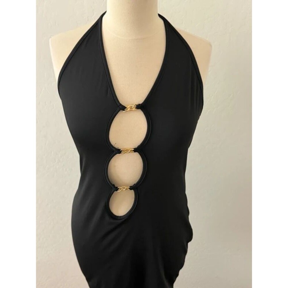 Sleek Black Halter Cutout Mini Dress w/ Gold Chain Detail – Size Medium